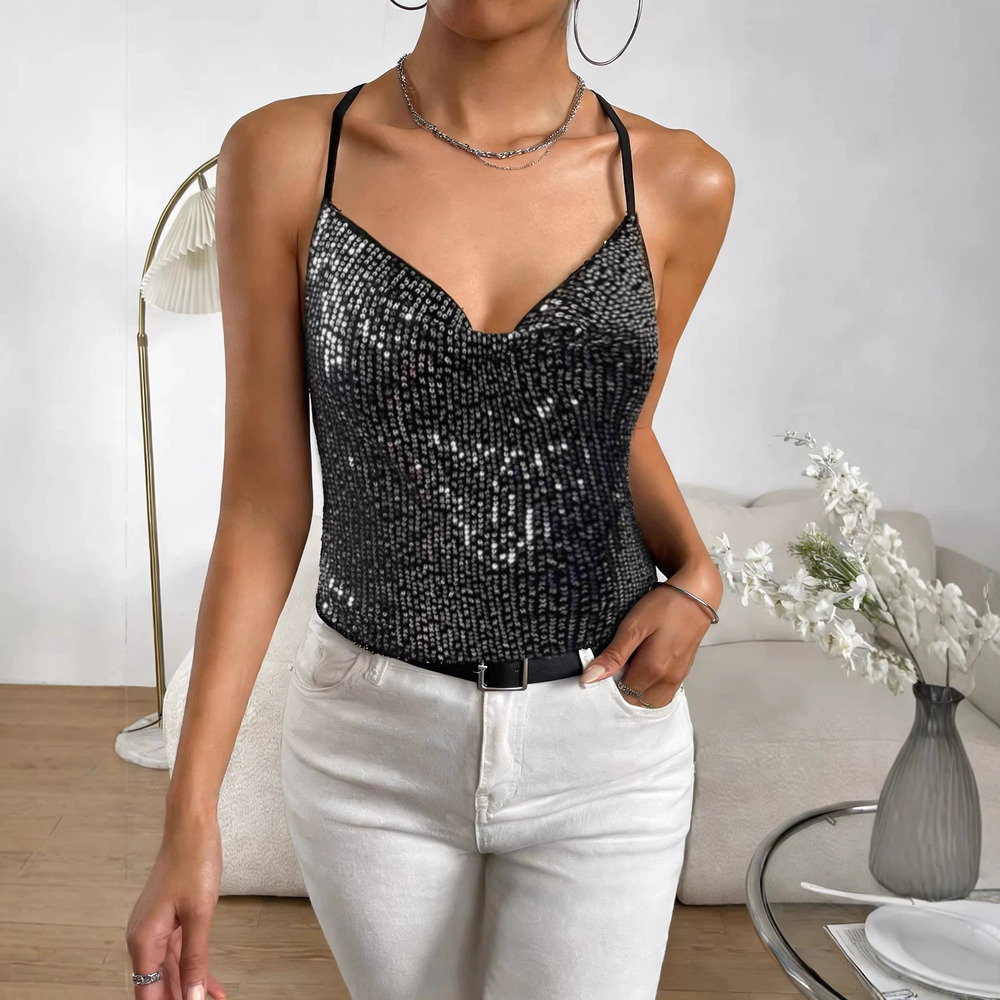 Zara Sequin Halter Neck Cross Back Party Top
